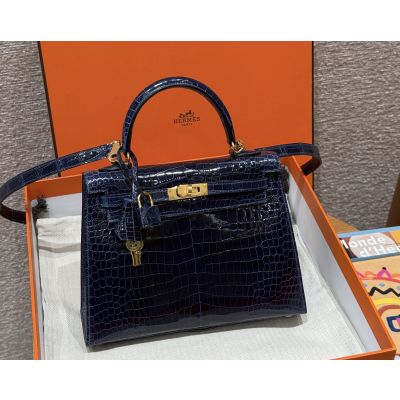 Bleu Marine Shiny Niloticus Alligator Kelly 25 Gold Hardware