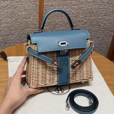 Naturel Wicker and Blue Jean Swift Picnic Mini Kelly 20 II Palladium Hardware