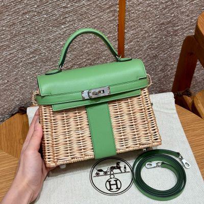 Naturel Wicker and Vert Criquet Swift Picnic Mini Kelly 20 II Palladium Hardware